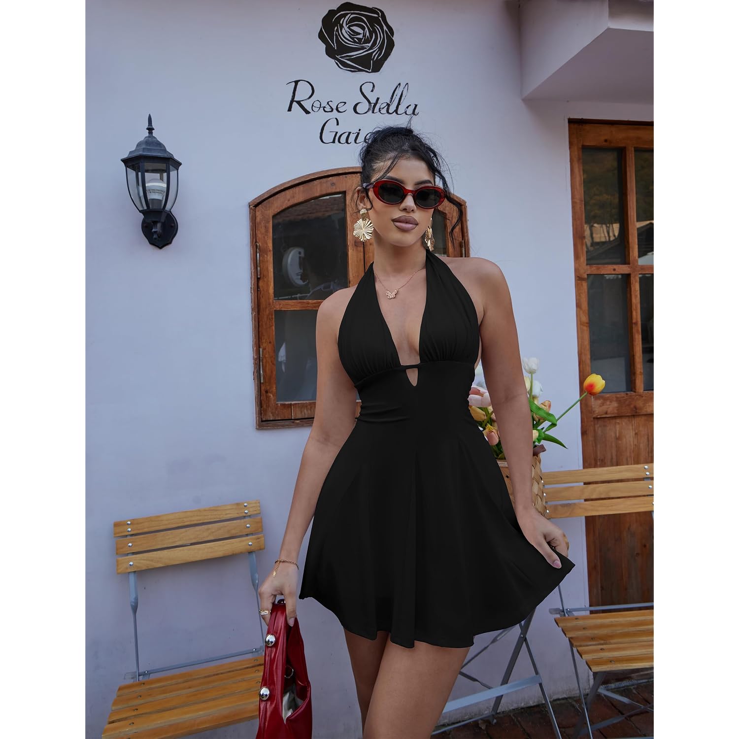 Beagimeg Women'S Sexy Bodycon Sleeveless Halter Tie Up Back Backless Deep V A-Line Club Party Mini Dress