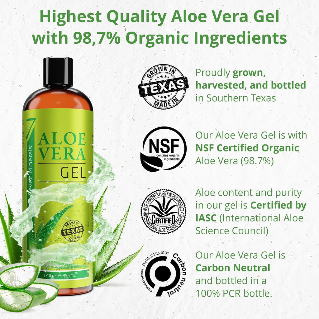 Seven Minerals Aloe Vera Gel With Freshly Cut Pure Organic Aloe - Big 12Oz - Texas Grown, Highestquality, Vegan, Unscented, Non-Sticky - After Sun, Sunburn Relief, Skin & Face Moisturizer, Hair Mask