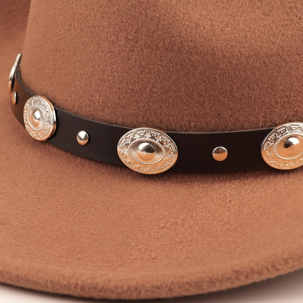 Western Cowboy Hats For Women Classic Felt Wide Brim Fedora Hat With Belt Buckle Retro Panama Hat Unisex Rolled Up Cap