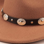 Western Cowboy Hats For Women Classic Felt Wide Brim Fedora Hat With Belt Buckle Retro Panama Hat Unisex Rolled Up Cap