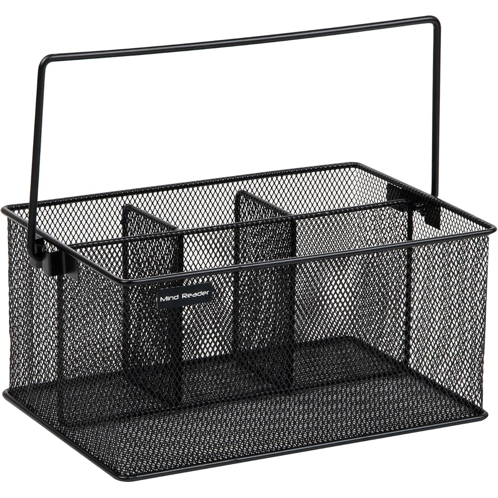 Mind Reader Multi-Purpose Storage Caddy With Handle, Desktop Organizer, Cutlery Holder, 4 Compartments, Metal Mesh, Black