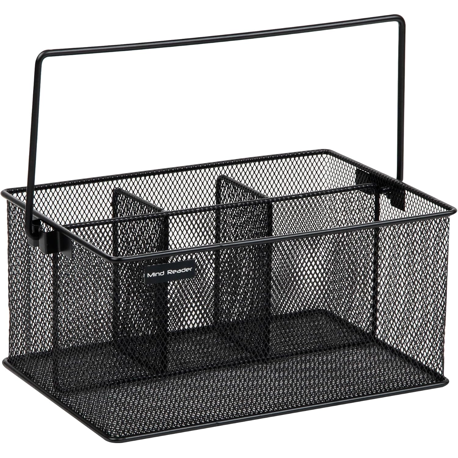 Mind Reader Multi-Purpose Storage Caddy With Handle, Desktop Organizer, Cutlery Holder, 4 Compartments, Metal Mesh, Black