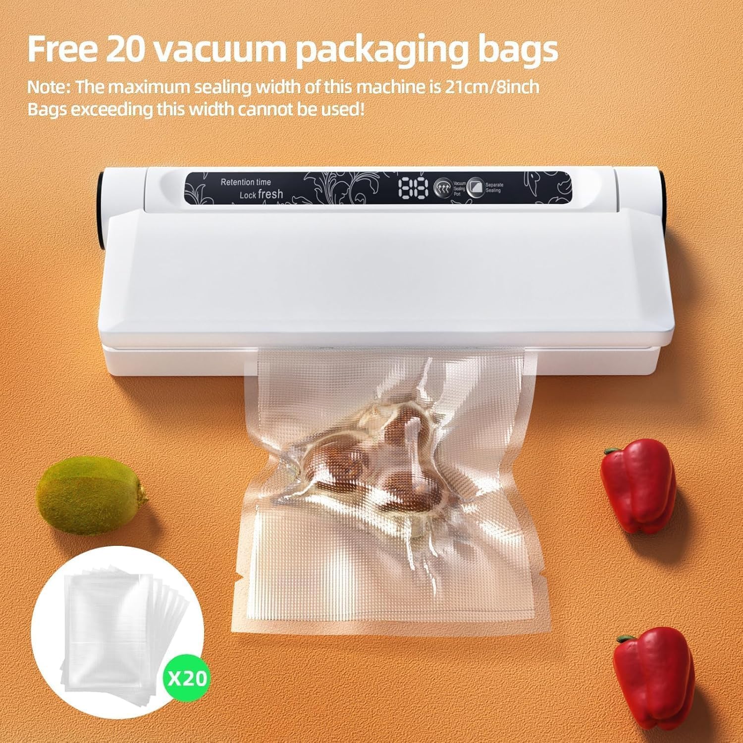 Compact Vacuum Sealer Machine, 75Kpa Strong Suction, Led Digital Timer Display, Dual Use For Dry & Wet Foods, Includes 20 Bags, Ideal For Home Kitchen Use, White