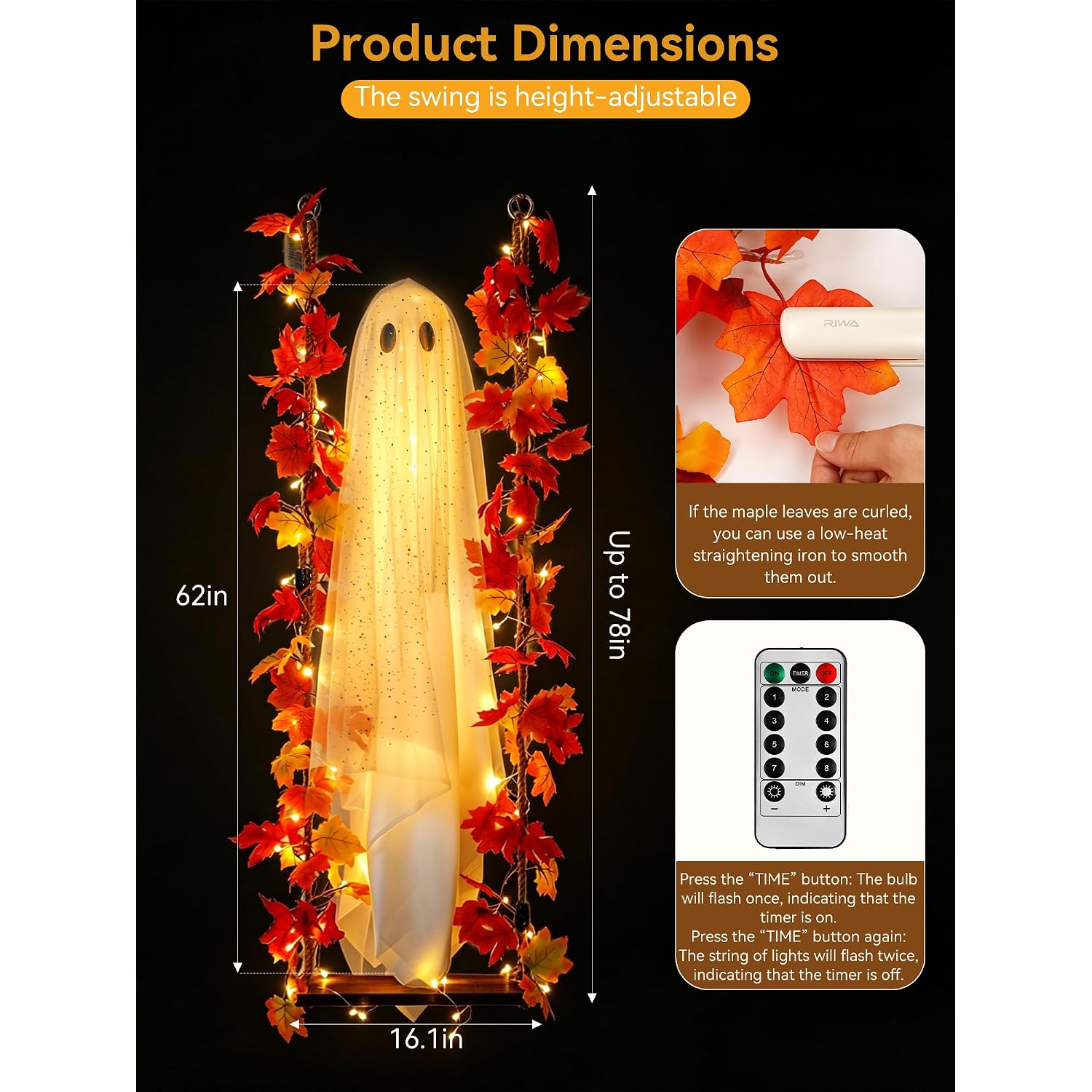 Halloween Decorations Outdoor Indoor-5.3Ft Hanging Ghost Decor With A Maple Leaf 6.6Ft Swing,Ghost Light,Halloween Decor For Tree,Yard,Porch,Garden