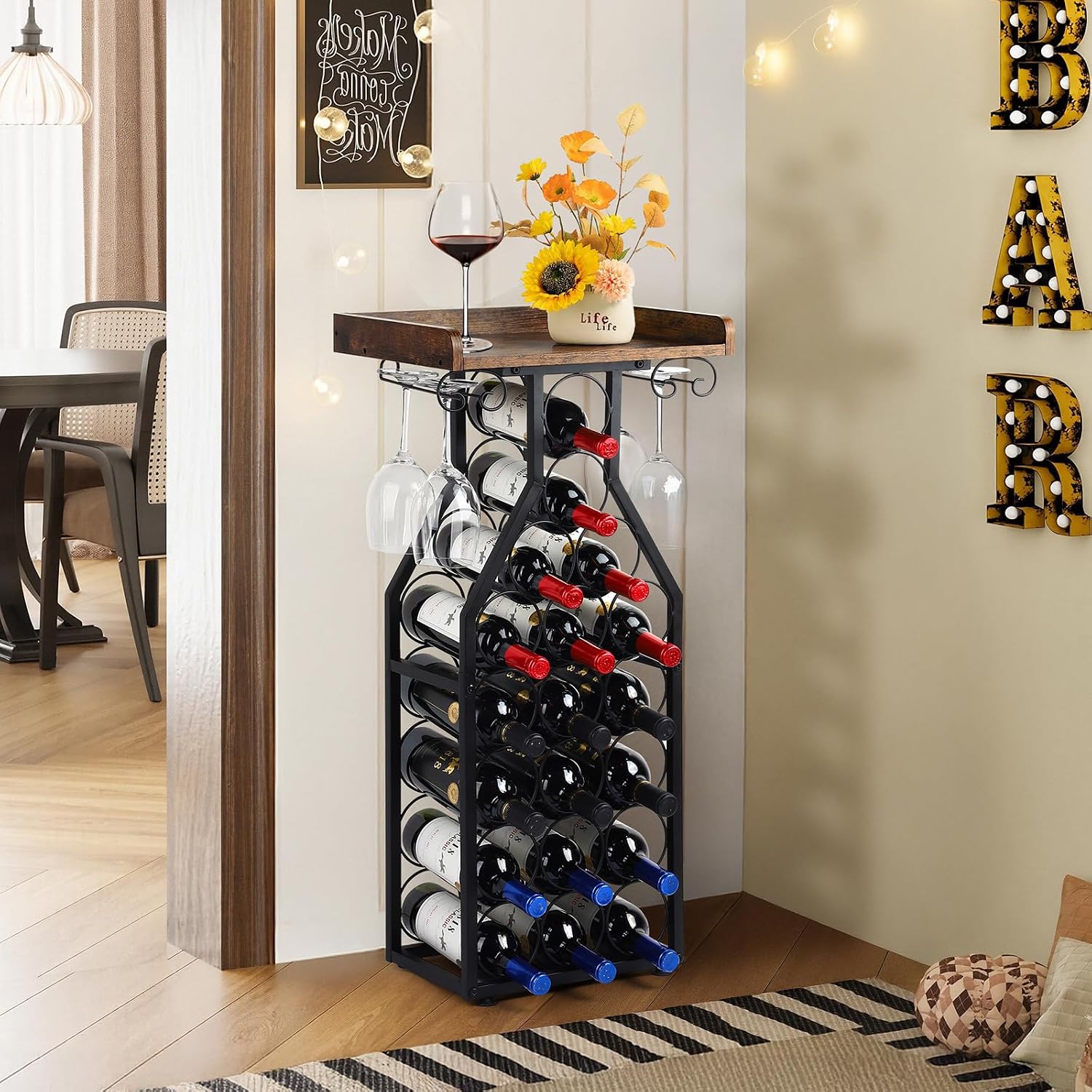 Wine Rack Freestanding Floor, Table Wine Holder Stand Mini Bar Table Floor Wine Storage For Home Bar Kitchen Living Room With Glass Holder Wood Tabletop 19 Bottles