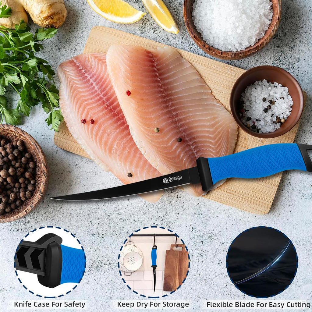 Fillet Knife, 7 Inches Professional Filet Knife For Fish, German G4116 Stainless Steel Blade Fishing Knifes With Two Stage Knife Sharpener,Non-Slip Handles, Protective Nylon Sheath