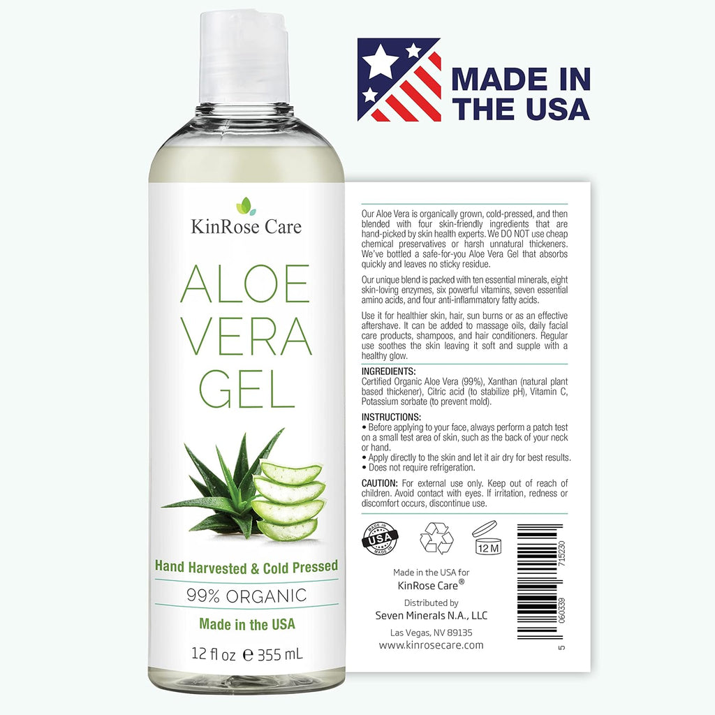 Kinrose Care, 12Oz Aloe Vera Gel For Face, Skin, Hair & Sunburn Relief - From Pure Organic Aloe Vera (99%) - Cold Pressed, Vegan, Unscented - Made In Usa.
