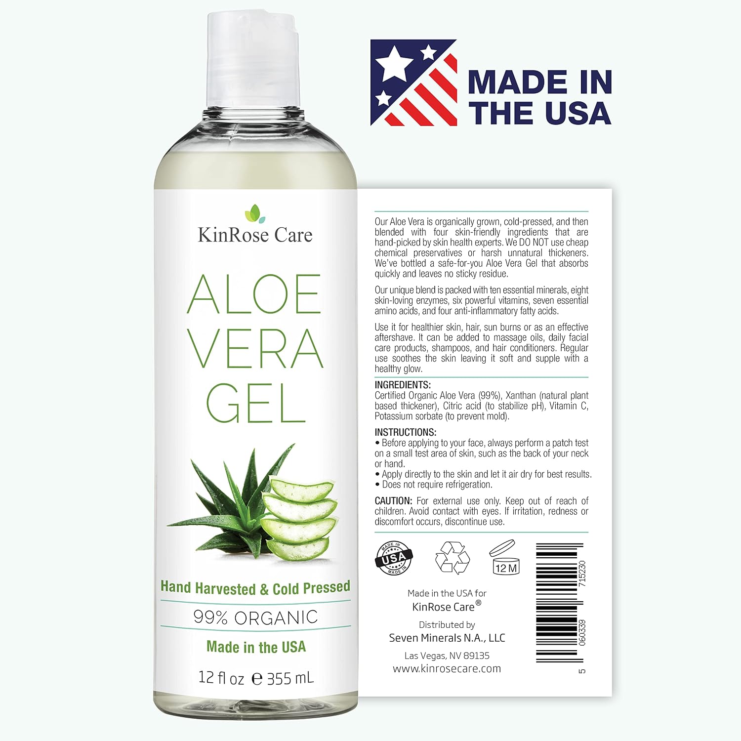 Kinrose Care, 12Oz Aloe Vera Gel For Face, Skin, Hair & Sunburn Relief - From Pure Organic Aloe Vera (99%) - Cold Pressed, Vegan, Unscented - Made In Usa.