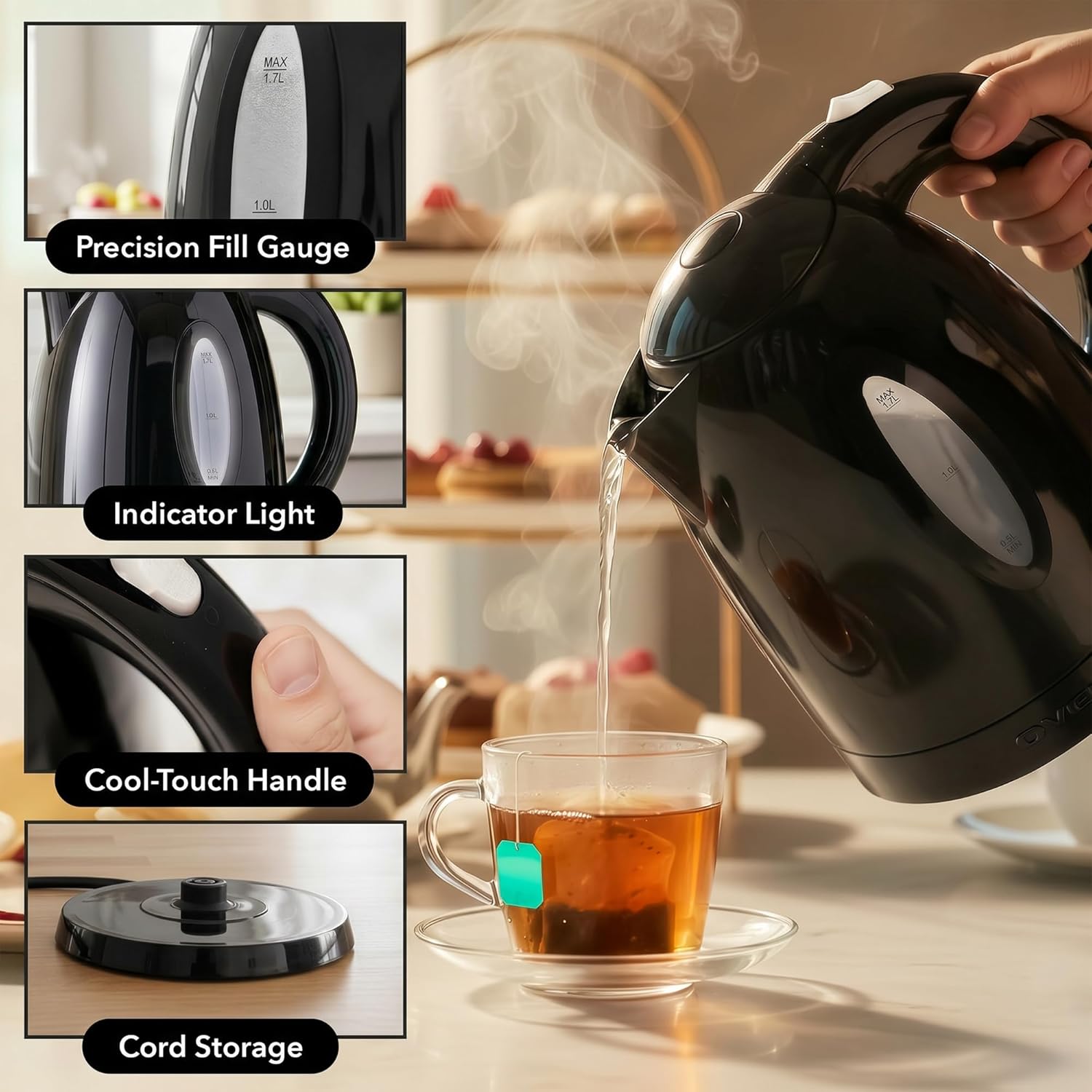 OVENTE Electric Kettle, 1.7L Fast Boiling Water Heater for Coffee or Tea, BPA Free with Water Level Gauge, Auto Shut-Off, Boil-Dry Protection, Indicator Light and Removable Filter, Black KP72B