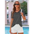 Prettygarden Short Sleeve Shirts For Women 2026 Spring V Neck Cute Tops Casual Striped Shirt Knitted Tees Summer Outfits