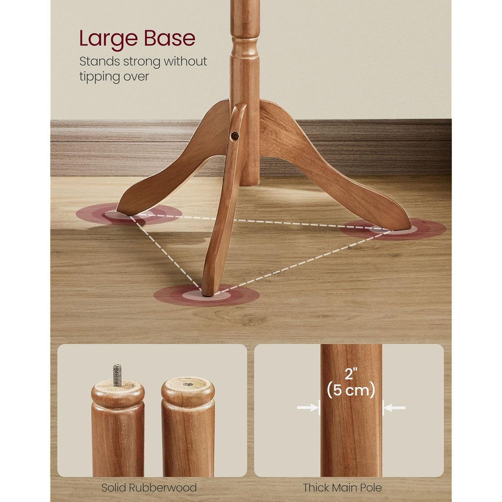 VASAGLE Solid Wood Coat Rack and Stand, Free Standing Hall Coat Tree with 10 Hooks for Hats, Bags, Purses, for Entryway, Hallway, Rubberwood, Caramel Brown URCR03WN