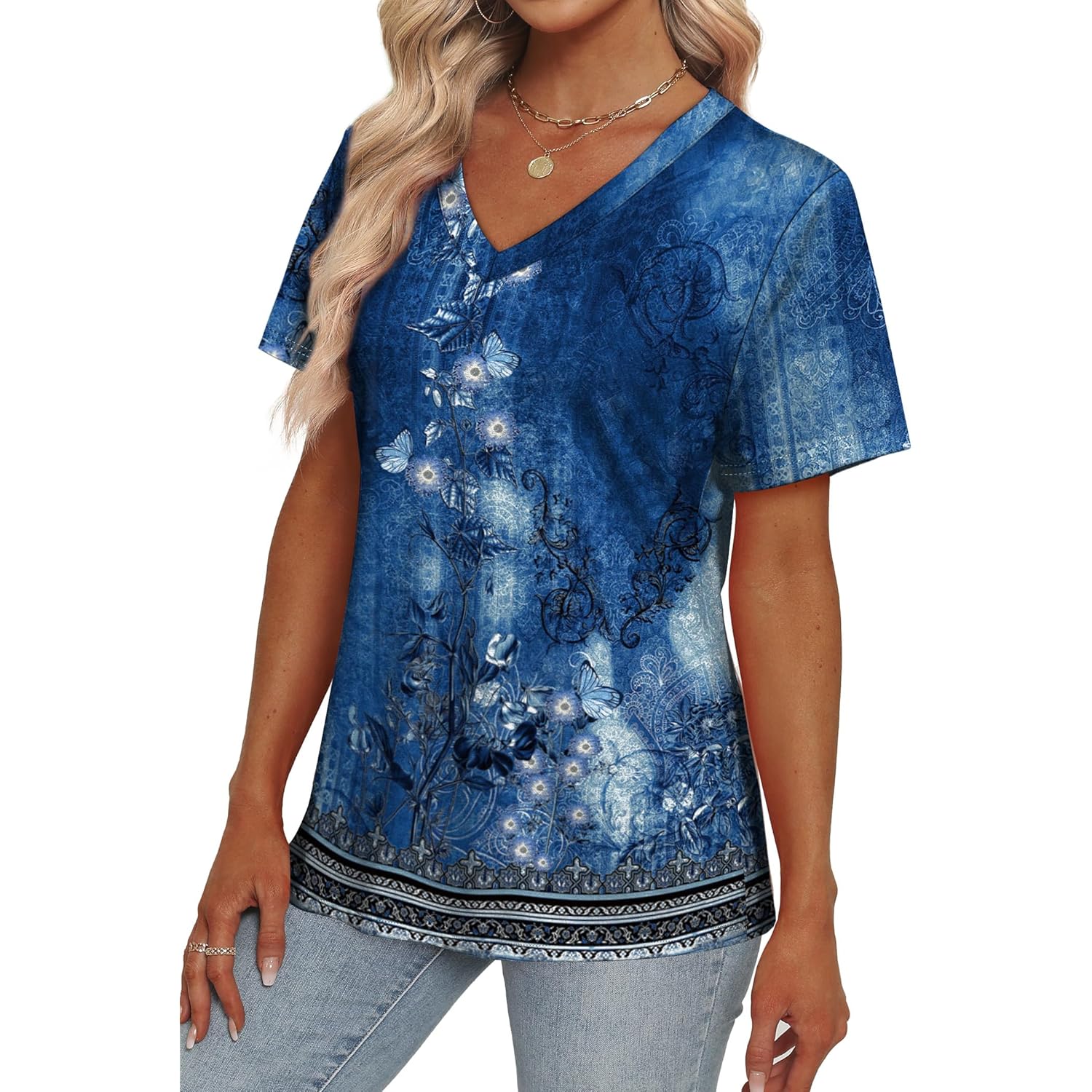 Womens Summer Tops 2026 V Neck Short Sleeve Shirts Trendy Dressy Casual Vacation Outfits Printed
