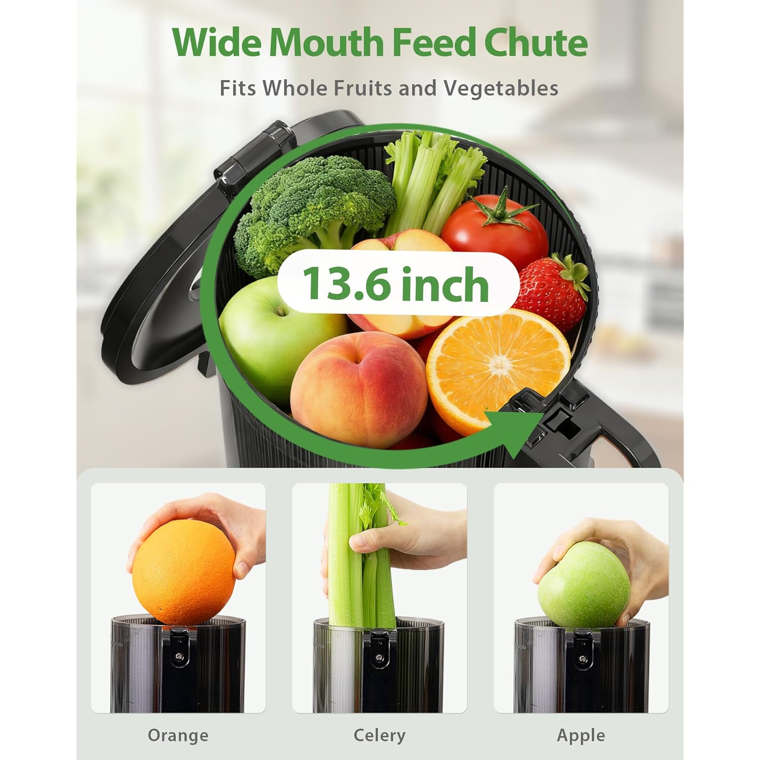 ECOSELF Juicer Machines Easy to Clean, With Wide Mouth & Large Feed Chute For Whole Fruits & Vegetables, Slow Masticating Juicer Hands-Free, Quiet Motor, Cold Press Juicer For Family, With Pusher