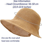 Women's French Crochet Sun Hat Floppy-Brim Straw-Bonnet-Cap Ponytail-Beach-Hats Hook-Loop-Fastener Khaki