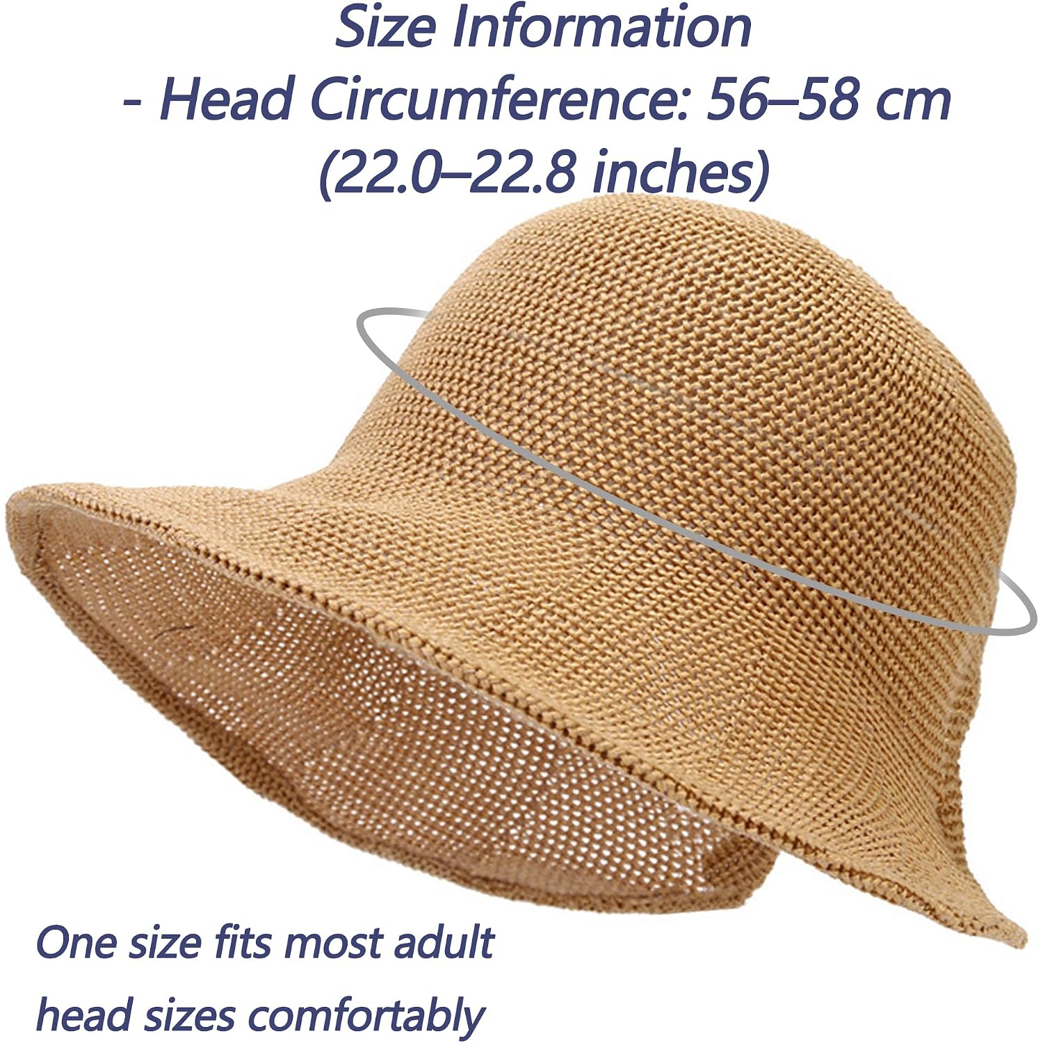 Women's French Crochet Sun Hat Floppy-Brim Straw-Bonnet-Cap Ponytail-Beach-Hats Hook-Loop-Fastener Khaki