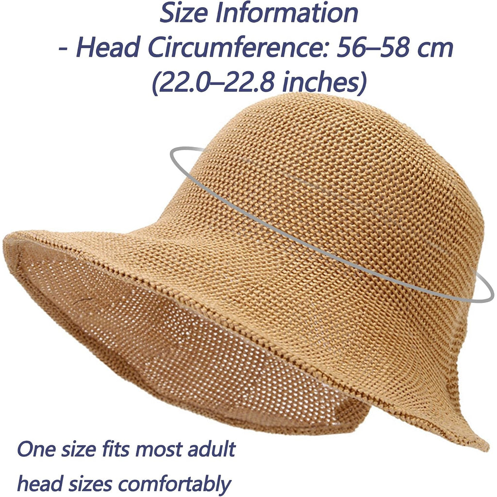 Women's French Crochet Sun Hat Floppy-Brim Straw-Bonnet-Cap Ponytail-Beach-Hats Hook-Loop-Fastener Khaki