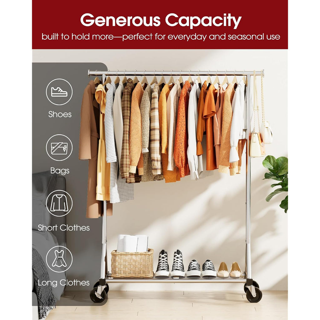 Heavy Duty Stainless Steel Rolling Clothes Rack With Mesh Shelf, Lockable Wheels & Anti-Slip Stoppers, Large Capacity Clothing Organizer For Bedroom, Laundry Room, 42.5" X 16.5" X 65.9", Silver