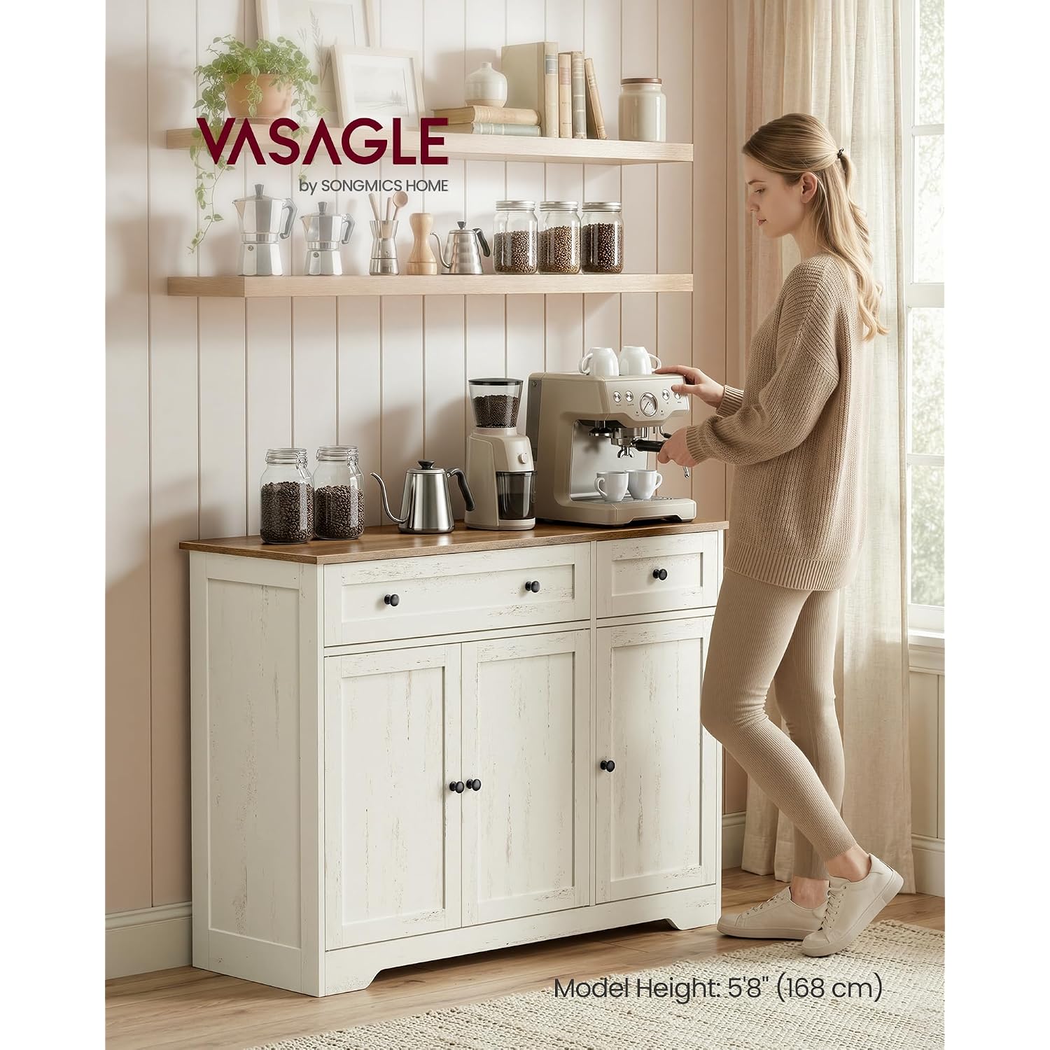 Vasagle Siren Collection - Buffet Cabinet, Traditional Basic Coffee Bar Cabinet With 2 Drawers, Adjustable Shelves, 3 Doors, Sideboard, 42.1 X 15.8 X 31.8 Inches, Cloud White Ulsc531Wj01S