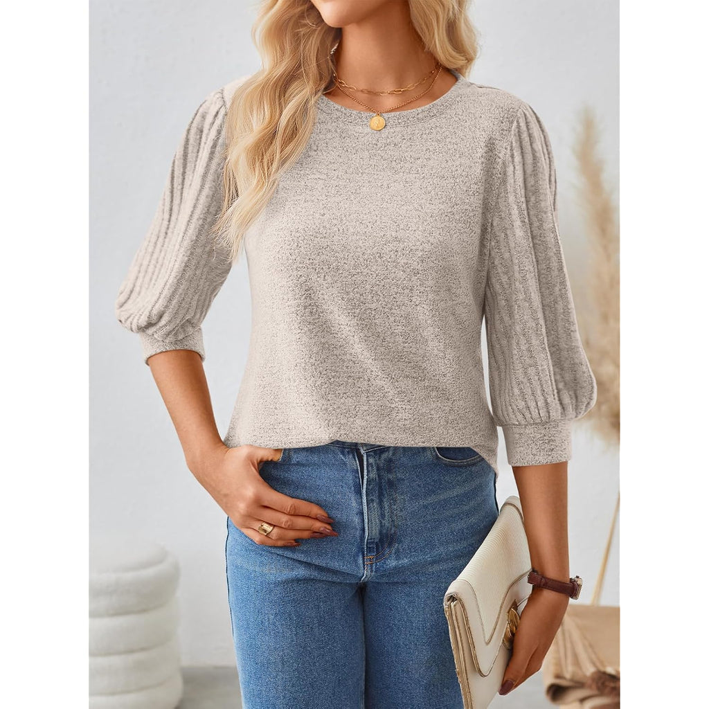 AUTOMET Womens 3/4 Length Puff Sleeve Tops Business Casual Dressy Work Blouses