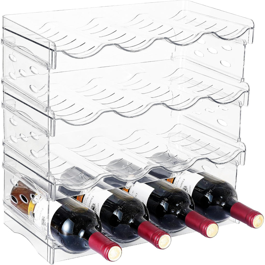 Plastic Stackable Bottle Storage Holder Rack Holds 16 Bottles,Free-Standing Water Bottle/Wine And Drink Organizer Shelf For Kitchen Cabinet,Fridge,Countertop,Pantry,Freezer,4 Packx4 Bottles,Clear