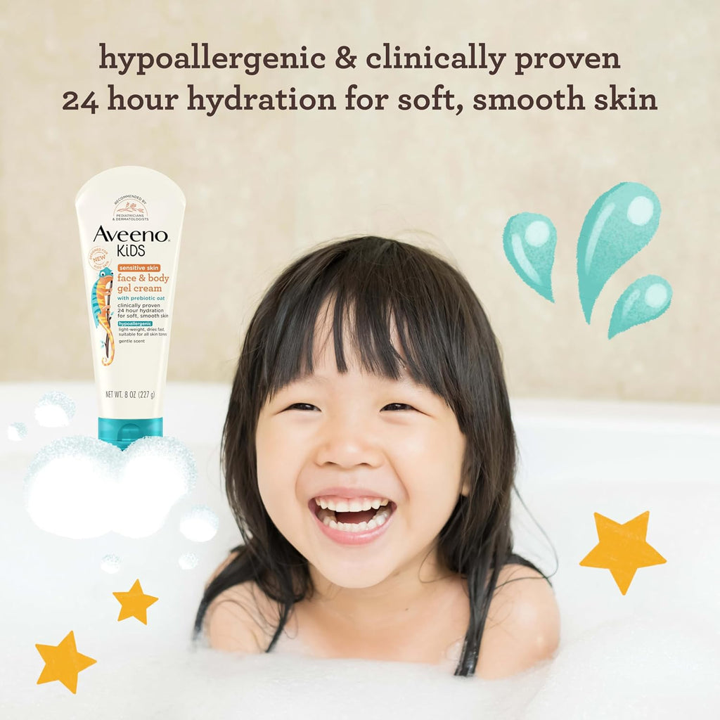 Aveeno Sensitive Skin Face & Body Gel Cream For Kids With Prebiotic Oat, Clinically Proven 24 Hour Hydration For Soft Skin, Quick Drying And Lightweight, Hypoallergenic, 8 Oz