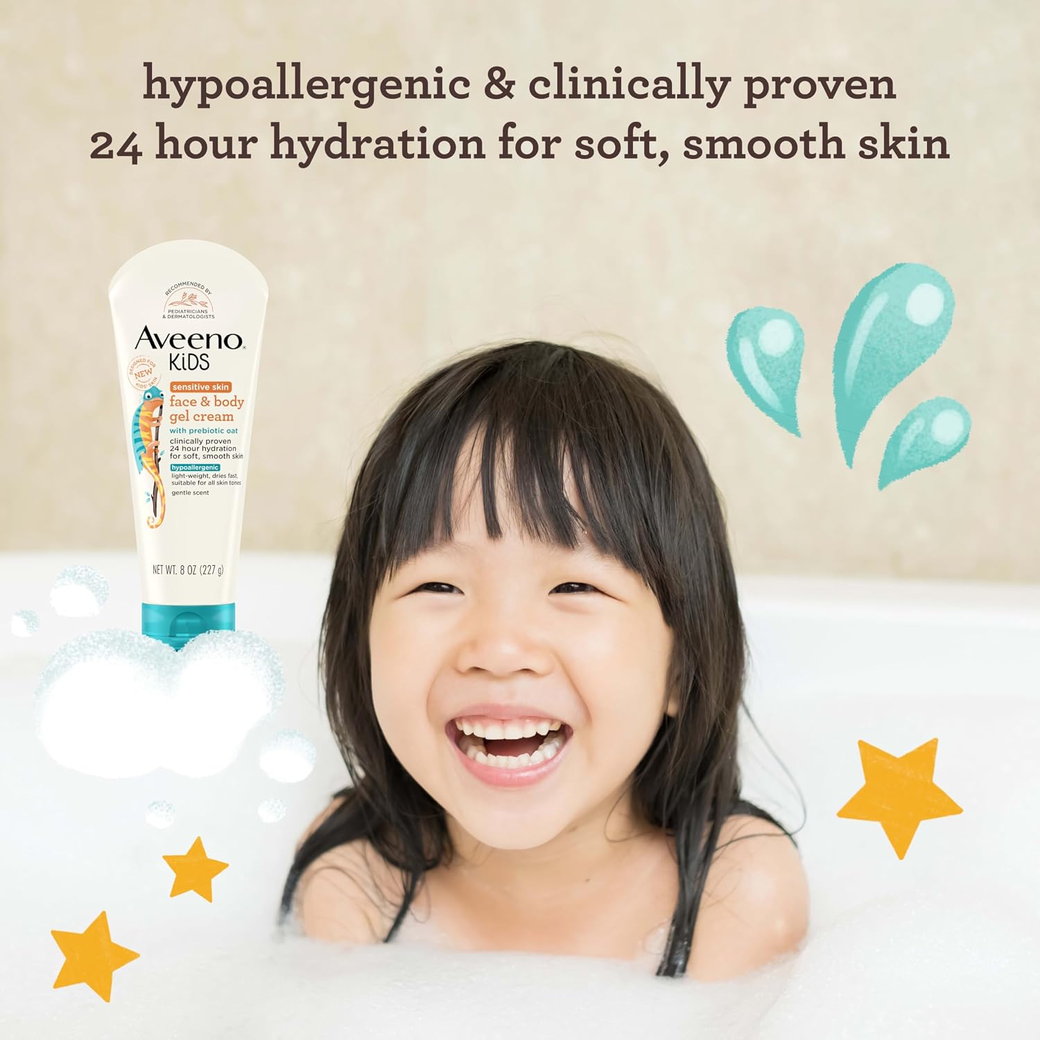 Aveeno Sensitive Skin Face & Body Gel Cream For Kids With Prebiotic Oat, Clinically Proven 24 Hour Hydration For Soft Skin, Quick Drying And Lightweight, Hypoallergenic, 8 Oz