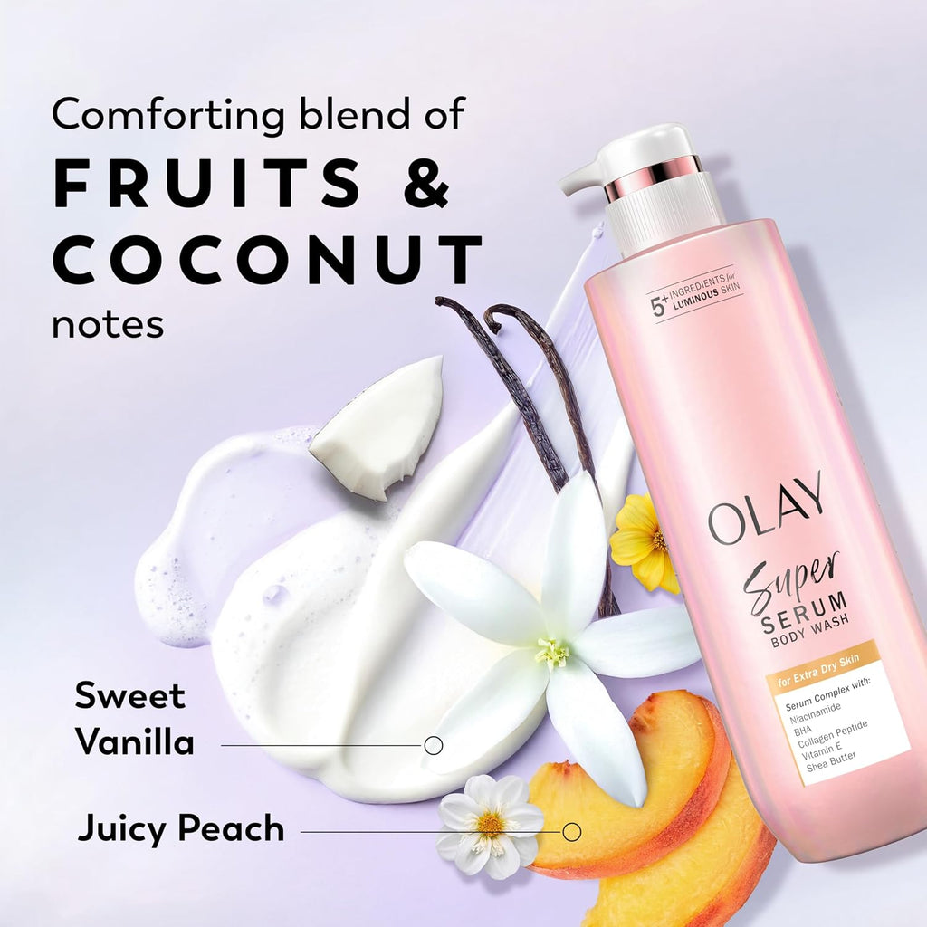 Olay Super Serum Body Wash For Extra Dry Skin, 24Hr Long Lasting Rich Hydration, 5+ Ingredient Complex For Bright, Even, Firm, & Luminous Skin, With Collagen Peptide, Vitamin C & Shea Butter, 20 Fl Oz