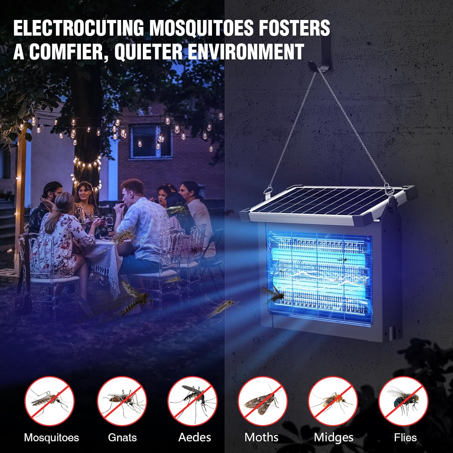 Solar Bug Zapper Outdoor, 4500V Mosquito Zapper Waterproof With Panel Sensor Electric Fly Zapper Rechargeable Mosquito Killer With 10Ft Extension Cord, Fly Trap Ideal For Patio, Backyard, Camping