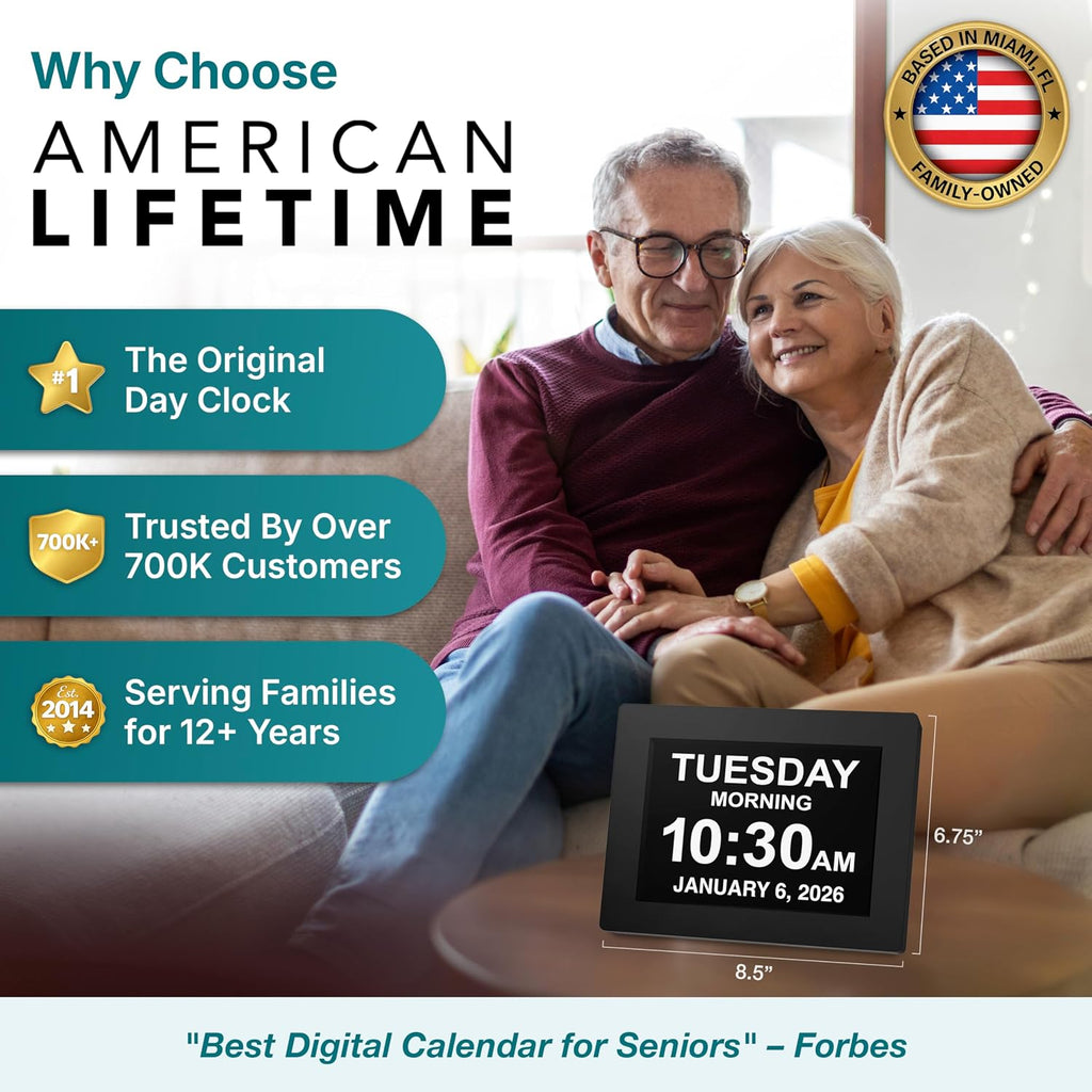 Large Digital Clock For Seniors, Black, 8 Inch, With Day & Date, Customizable Alarms, Auto-Dimming, Multi-Language Support, Battery Backup, Easy Setup, And Gift Option