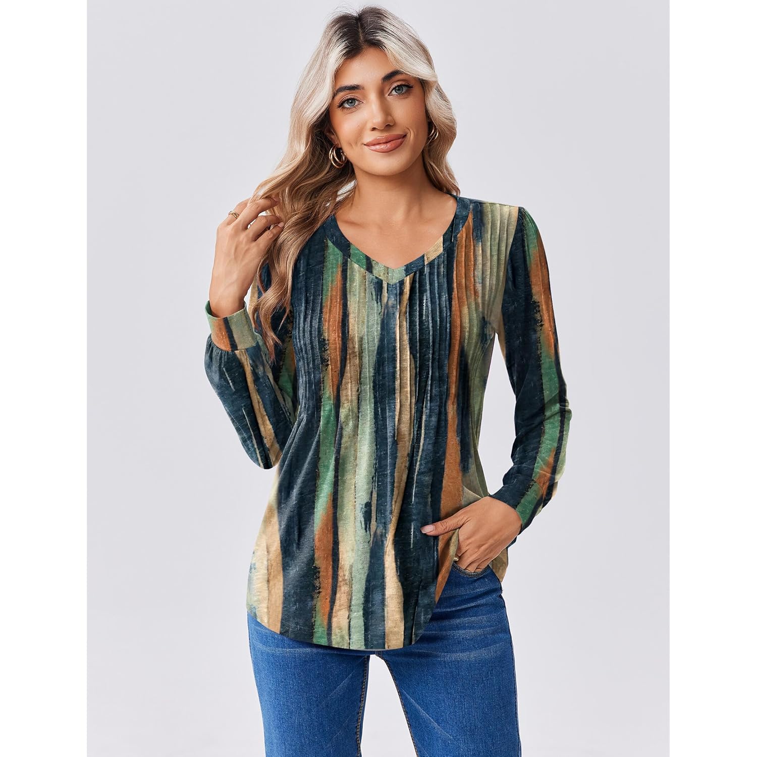 Long Sleeve Shirts for Women Casual V Neck Top Pleated Floral Boho Blouses 2026 Fall Tunics