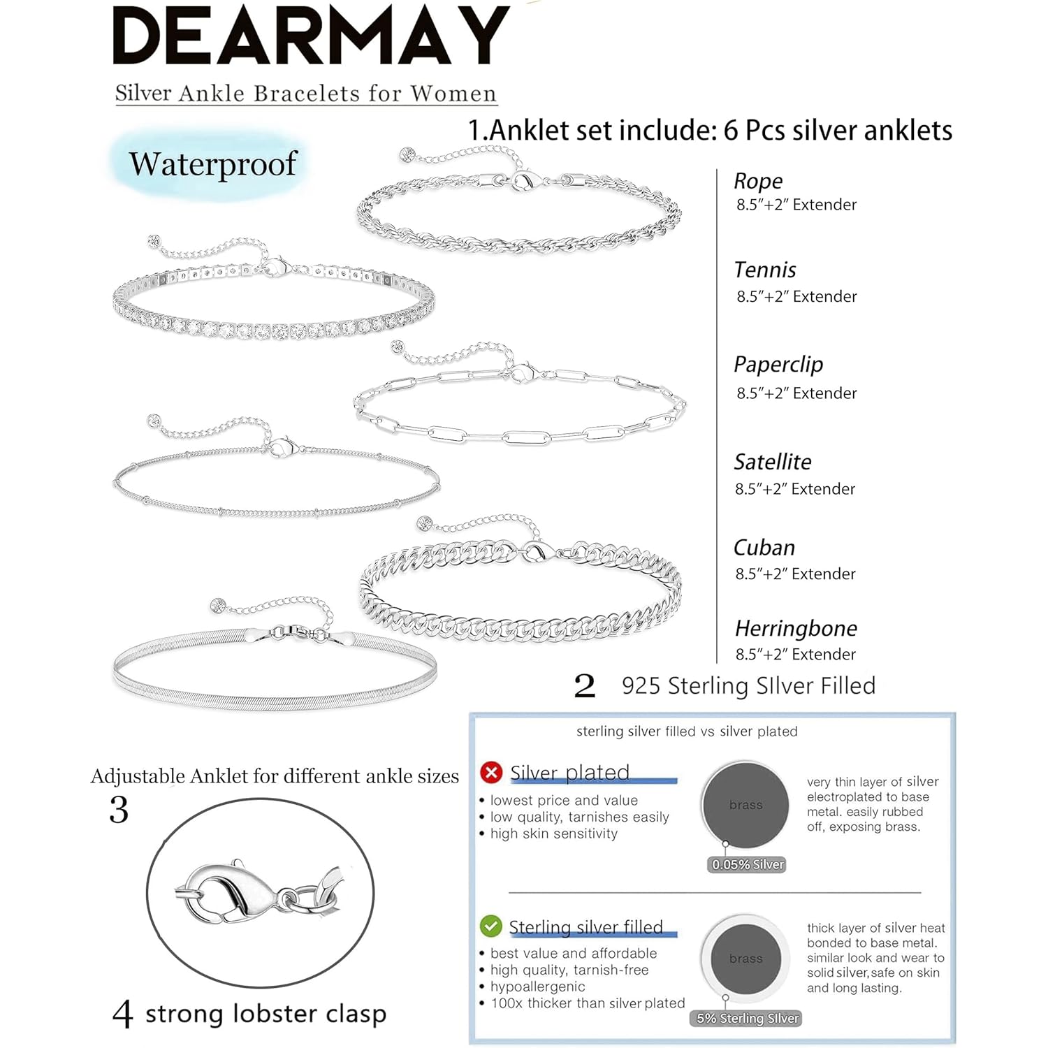 DEARMAY 14K Gold Plated Ankle Bracelets for Women Waterproof - Dainty 6Pcs Anklets Layered Cuban Link Chain Herringbone Cute Anklets Set Pack Summer Beach Jewelry Gift for Women Teen