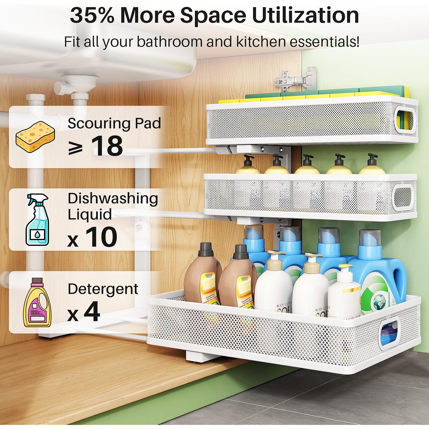 Kitstorack Under Sink Organizer, 2-Pack 3-Tier Height Adjustable Thickened Metal Pull Out Cabinet Organizer Shelf, Slide Out Storage Drawer Rack For Bathroom Kitchen Pantry Home Laundry Organization