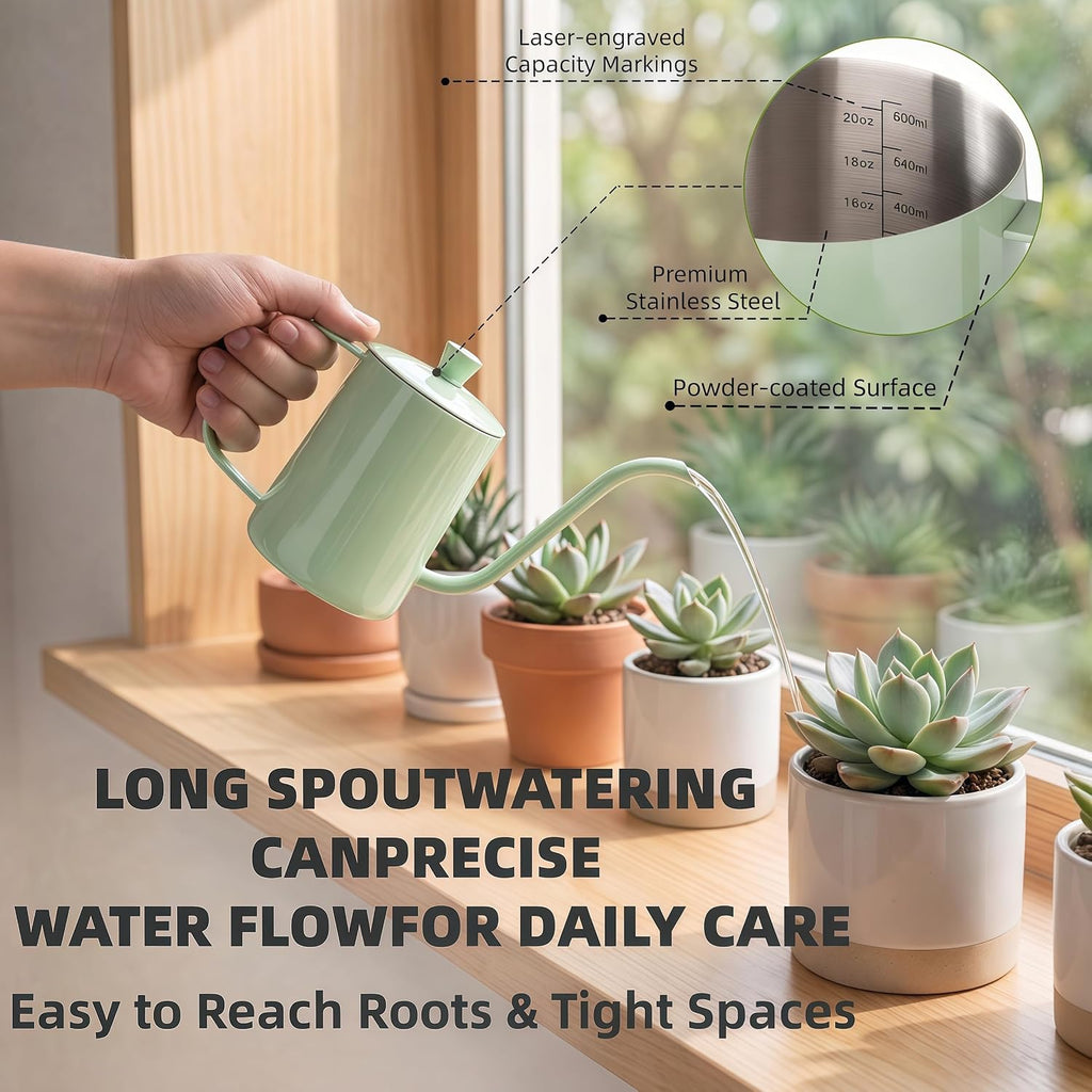 2 Pack Small Watering Can For Indoor Plants, 20 Oz Metal Plant Watering Can With Long Spout For House Plants, 13.5 Oz Glass Plant Mister Spray Bottle For Bonsai Garden Flowers Decorative