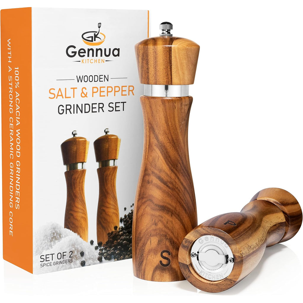Wooden Salt And Pepper Grinder Set: Refillable Salt & Pepper Mills Adjust For Customized Coarseness, Crafted Of Solid Acacia Wood With Ceramic/Stainless Steel Core, 8 Inches Each