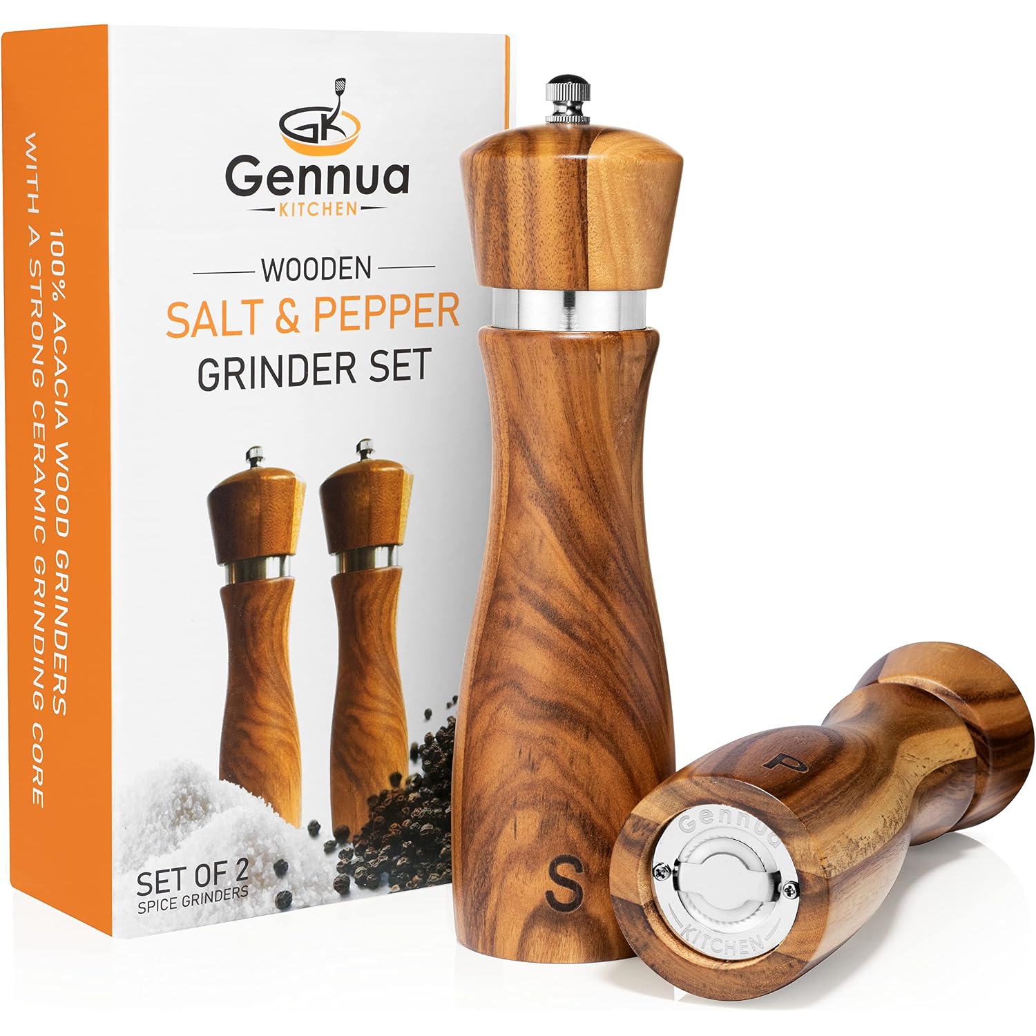 Wooden Salt And Pepper Grinder Set: Refillable Salt & Pepper Mills Adjust For Customized Coarseness, Crafted Of Solid Acacia Wood With Ceramic/Stainless Steel Core, 8 Inches Each