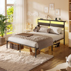 Full Size Bed Frame With Headboard, Bed Frame Full Size With Led Light And Charging Station, Black Metal Platform Bedframe And Storage Shelf, No Box Spring Needed, Noise Free