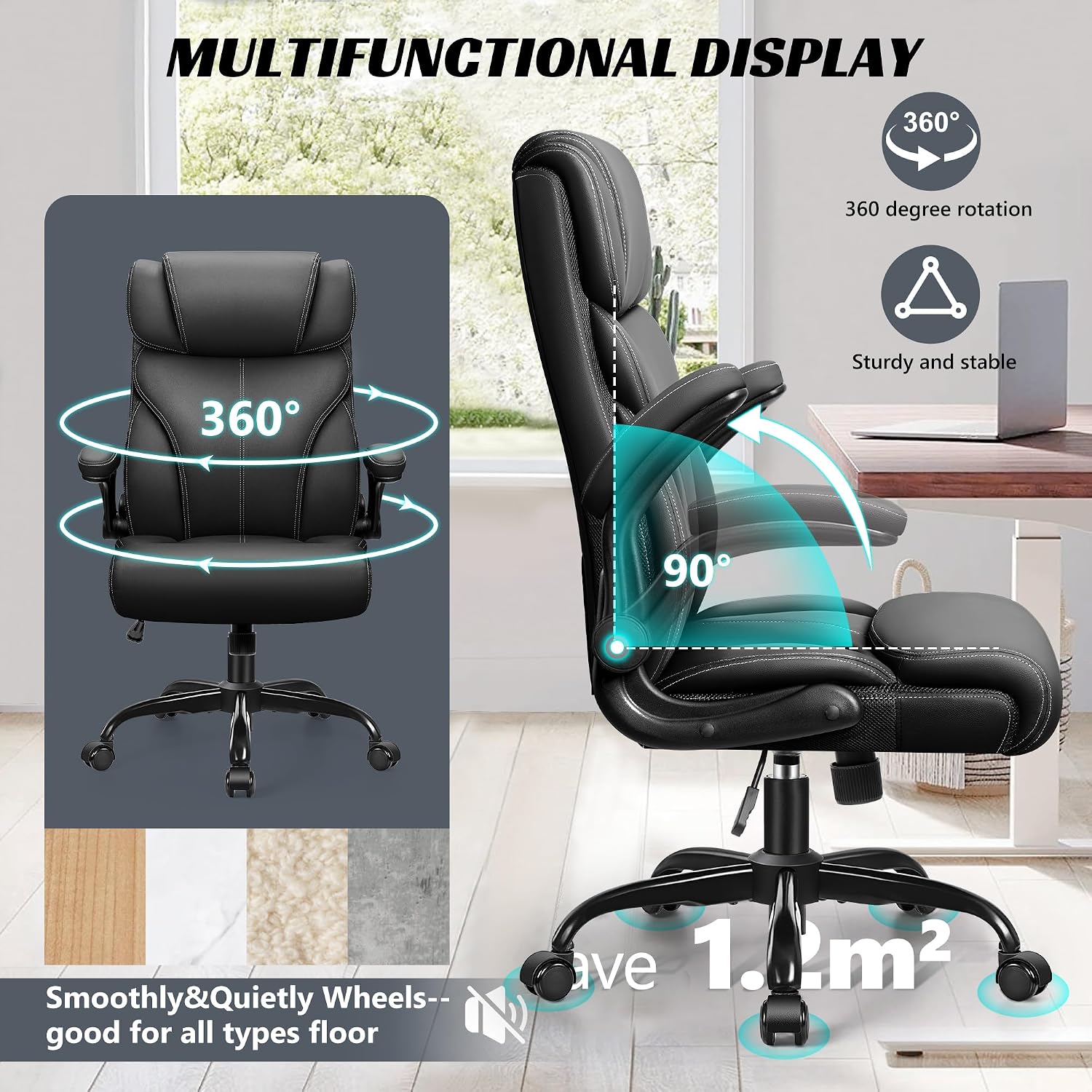 Office Chair, Ergonomic Big And Tall Computer Desk Chairs, Executive Breathable Leather Chair With Adjustable Flip-Up Armrests, Lumbar Support Swivel Pc Chair With Rocking Function,Matte Black