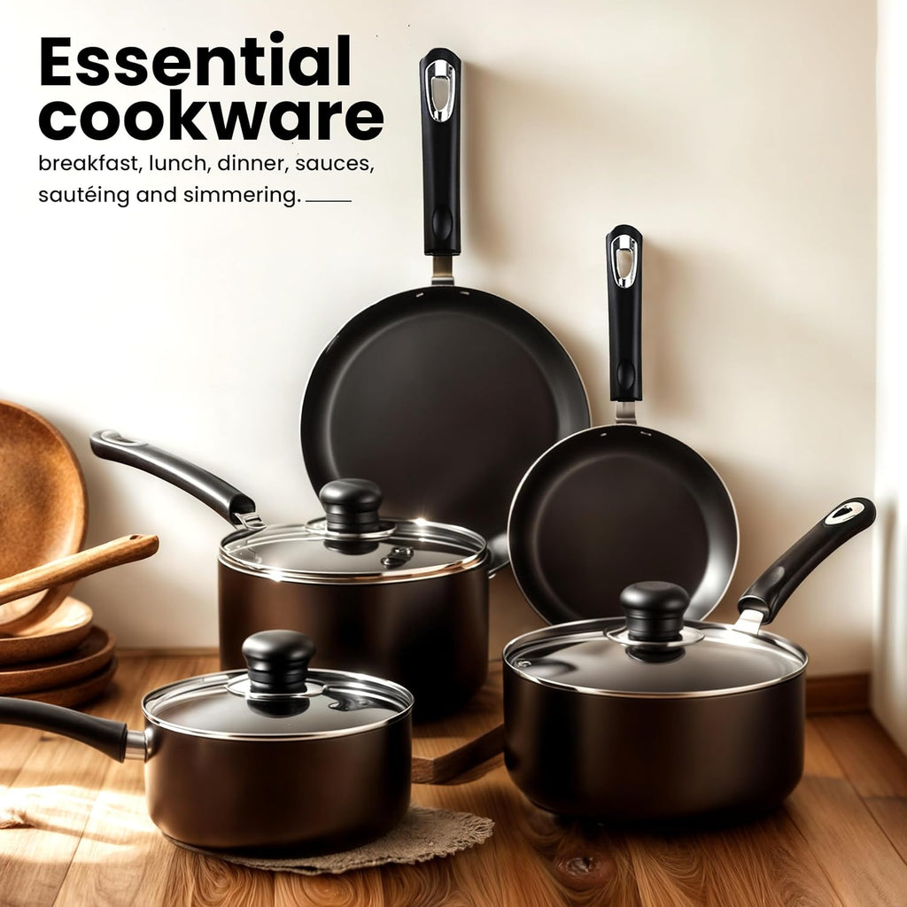 KICHLY 8 Piece Pots and Pans Set, Non Stick Kitchen Cookware Set with 20cm & 28cm Frying Pans and 16cm, 18cm, 20cm Saucepans with Lids, Induction Compatible Pots and Pans Set Non Stick, Black