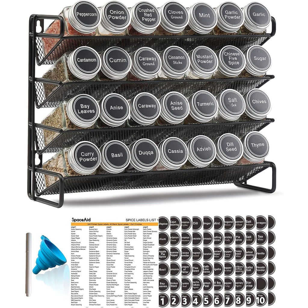 Spaceaid Spice Rack Organizer With 28 Spice Jars, 386 Spice Labels, Chalk Marker And Funnel Set For Cabinet, Countertop, Pantry, Cupboard Or Door & Wall Mount - 28 Jars, 13.4" W × 10.8" H, Black