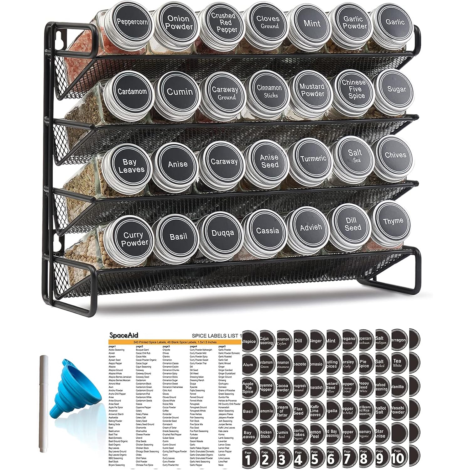 Spaceaid Spice Rack Organizer With 28 Spice Jars, 386 Spice Labels, Chalk Marker And Funnel Set For Cabinet, Countertop, Pantry, Cupboard Or Door & Wall Mount - 28 Jars, 13.4" W × 10.8" H, Black
