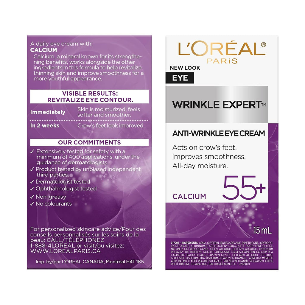 L'Oreal Paris Wrinkle Expert 55+ Anti-Wrinkle Eye Cream With Calcium, Reduce Crow'S Feet, 0.5 Oz