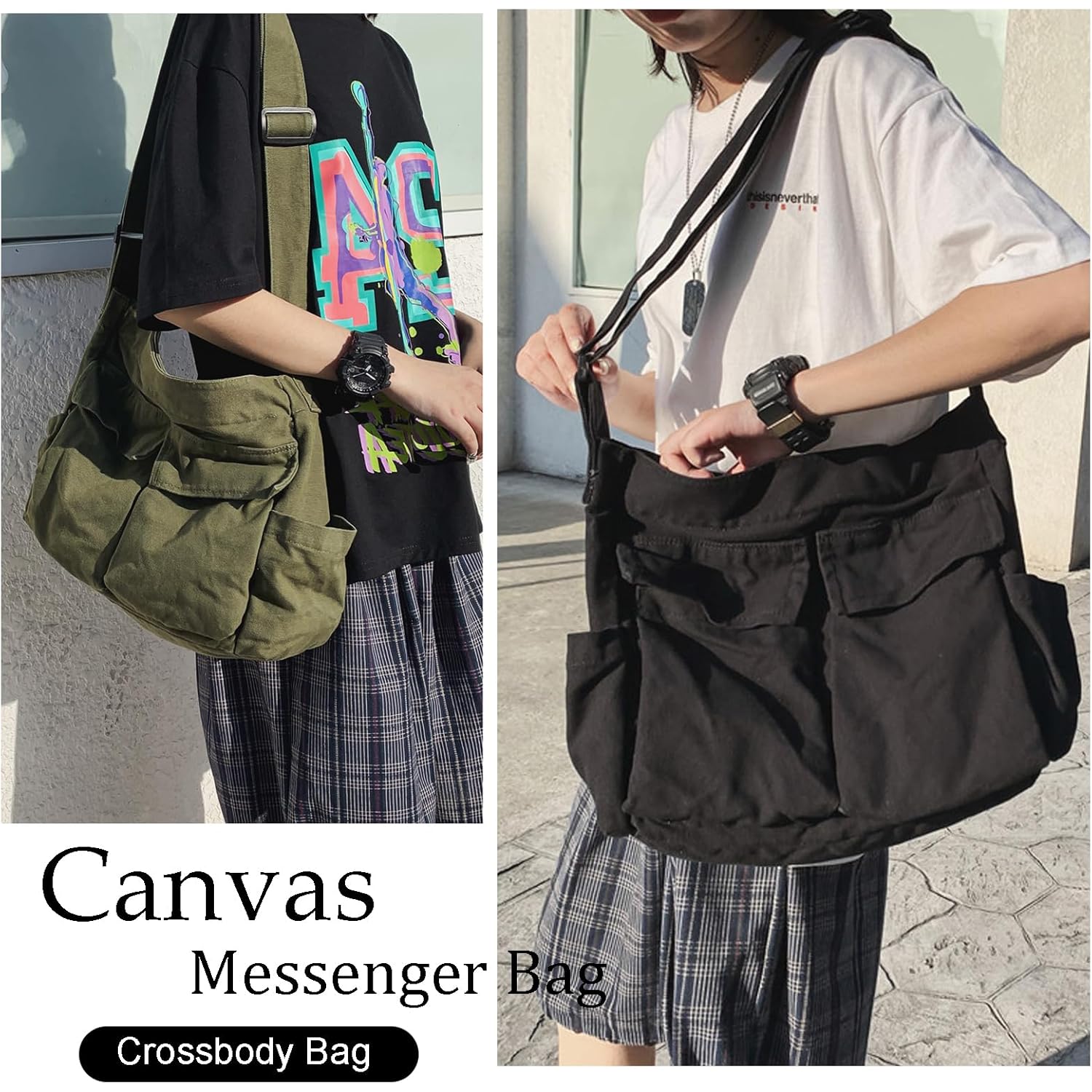 KlaOYer Canvas Messenger Bag Large Hobo Bag Crossbody Shoulder Bag Tote Bag with Pocket for Women and Men