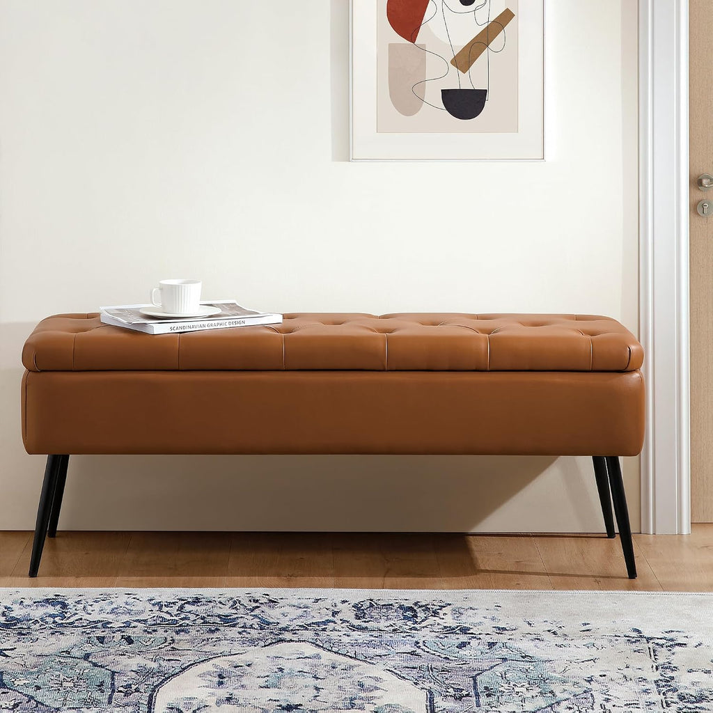 Leather Storage Ottoman Bench,End Of Bed Bench For Living Room Bedroom Dinning Room Entryway,Mid-Century Modern, With Steel Legs,Safety Hinges, Loads 660 Lb (With Button, Brown)