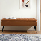Leather Storage Ottoman Bench,End Of Bed Bench For Living Room Bedroom Dinning Room Entryway,Mid-Century Modern, With Steel Legs,Safety Hinges, Loads 660 Lb (With Button, Brown)