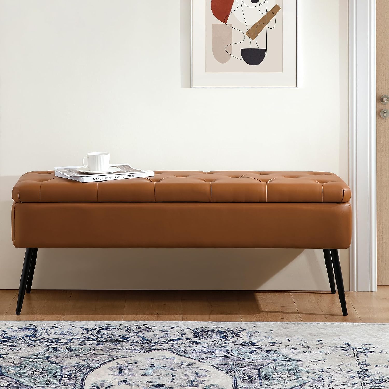 Leather Storage Ottoman Bench,End Of Bed Bench For Living Room Bedroom Dinning Room Entryway,Mid-Century Modern, With Steel Legs,Safety Hinges, Loads 660 Lb (With Button, Brown)