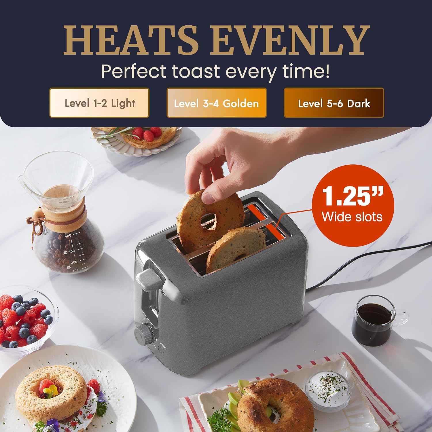 Elite Gourmet Ect1027G Cool-Touch 2 Slice Toaster, 6 Toast Settings & Cancel Function, Extra Wide 1.25” Slots Easily Fits Breads, English Muffins, Bagels & Waffles, Gunmetal Gray
