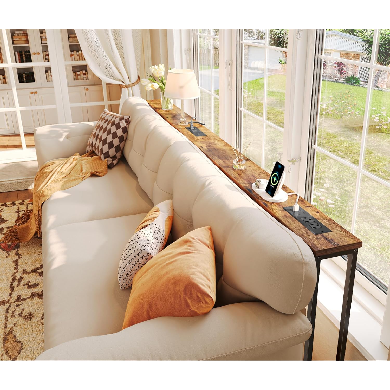 SUPERJARE 78.8 inch Narrow Console Table with Outlet, Sofa Tables, Behind Couch Table, Long Entryway Tables with Charging Station, for Living Room, Rustic Brown