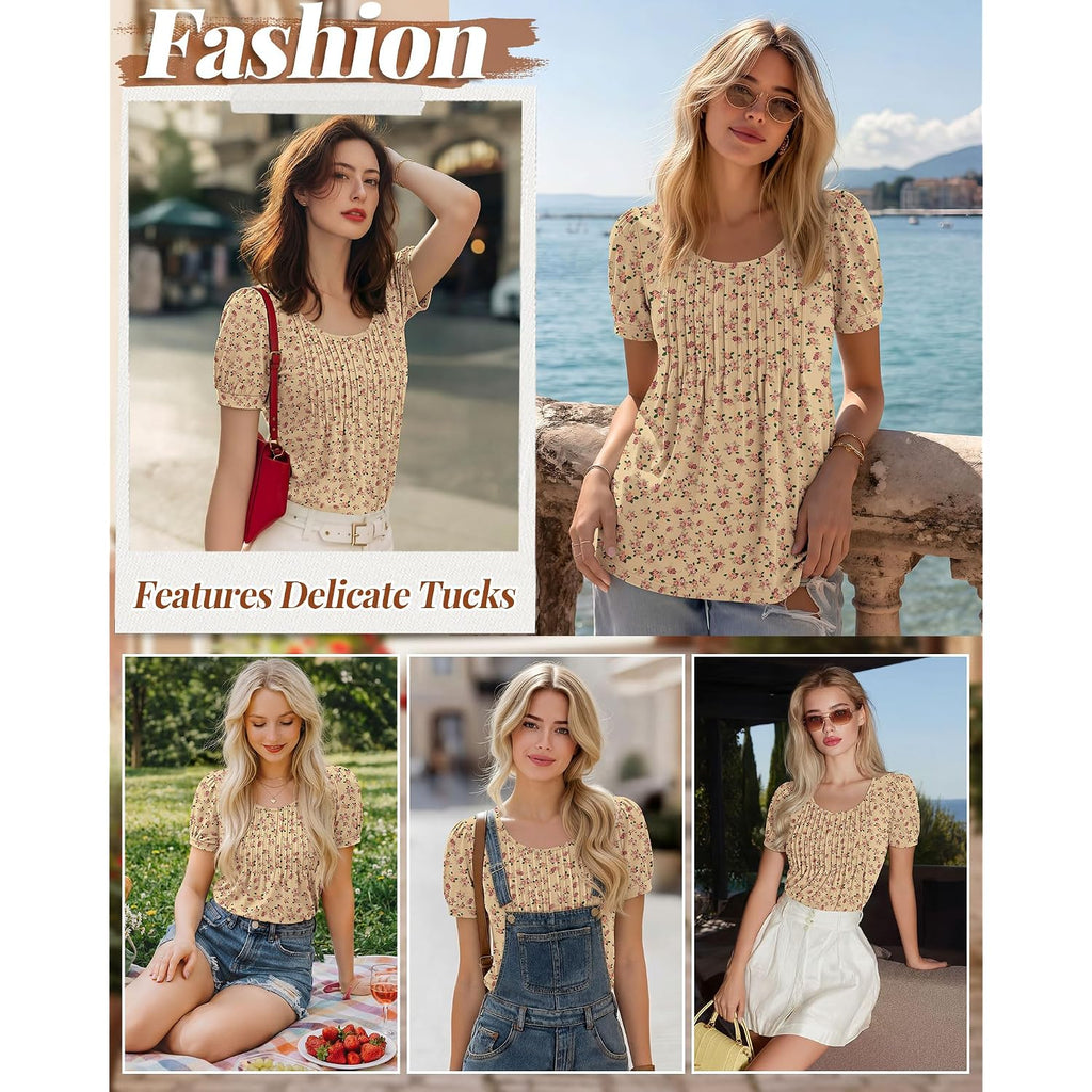 Ficerd Women's Puff Short Sleeve Boho Tunic Tops Pleated Crew Neck Summer Blouses Dressy Casual Loose T Shirts
