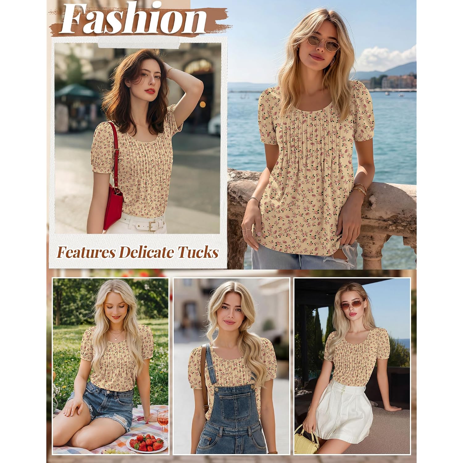 Ficerd Women's Puff Short Sleeve Boho Tunic Tops Pleated Crew Neck Summer Blouses Dressy Casual Loose T Shirts