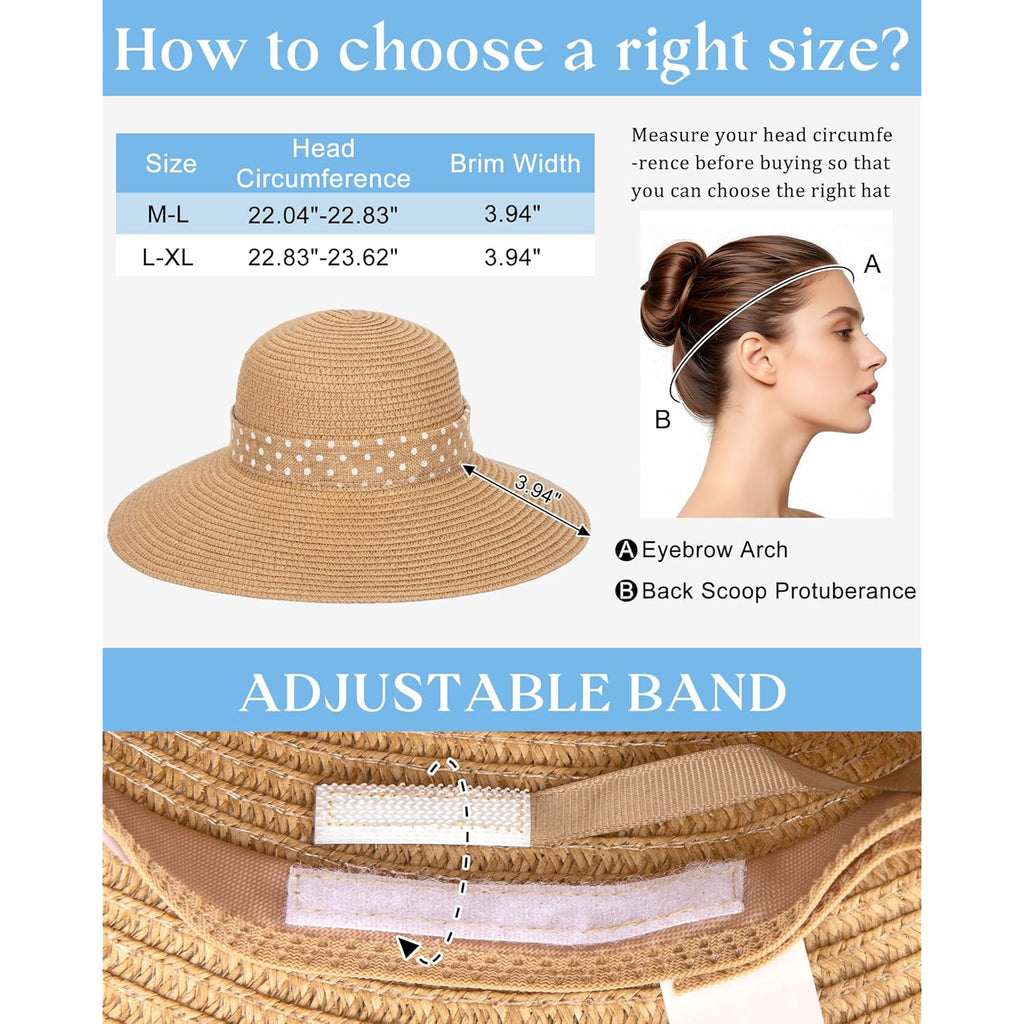 Senker Fashion Sun Hats for Women UV Protection, Wide Brim Beach Straw Derby Hat Packable Floppy for Summer Vacation UPF 50+
